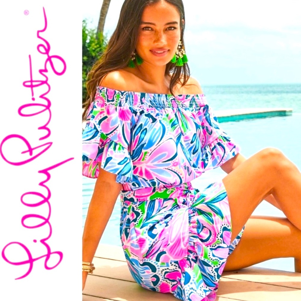 Lilly Pulitzer Madelyn Off The Shoulder Stretch Dress Ruffle Gecko Green Sz M